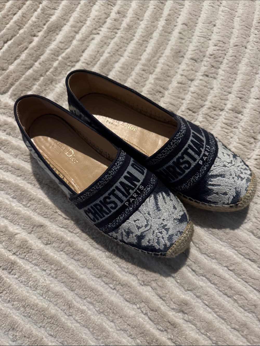 Dior Navy and White Jacquard Espadrille Flats